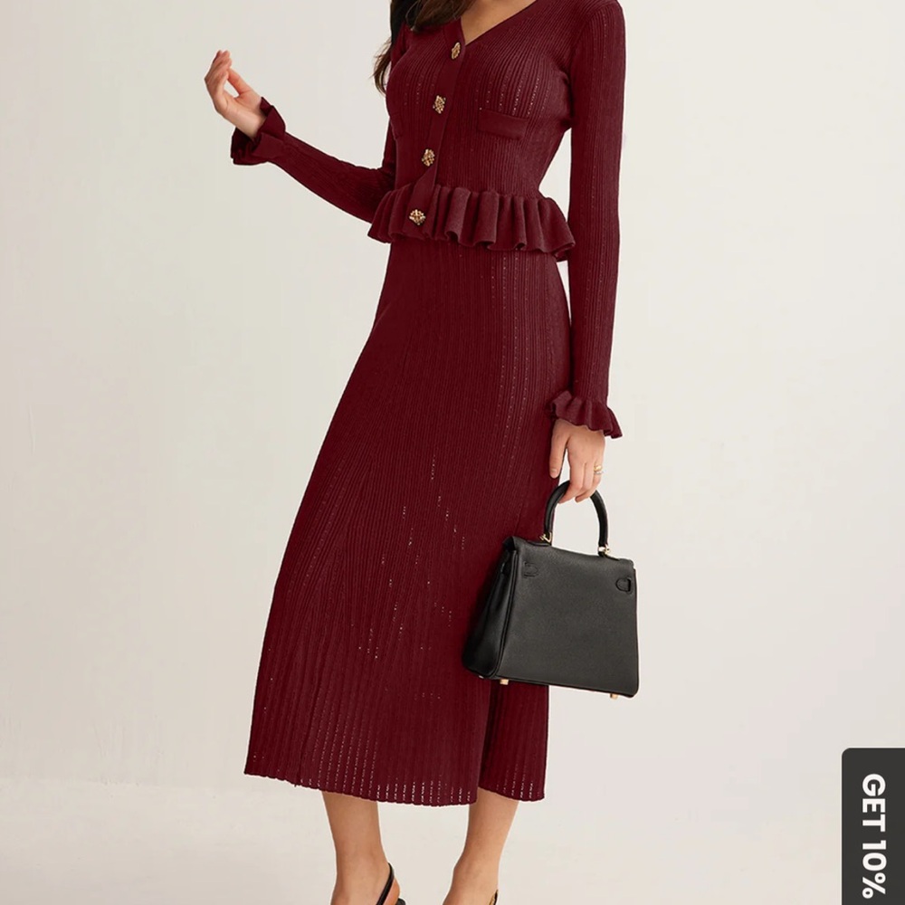 Burgundy Ruffle Slim Sweater Dress